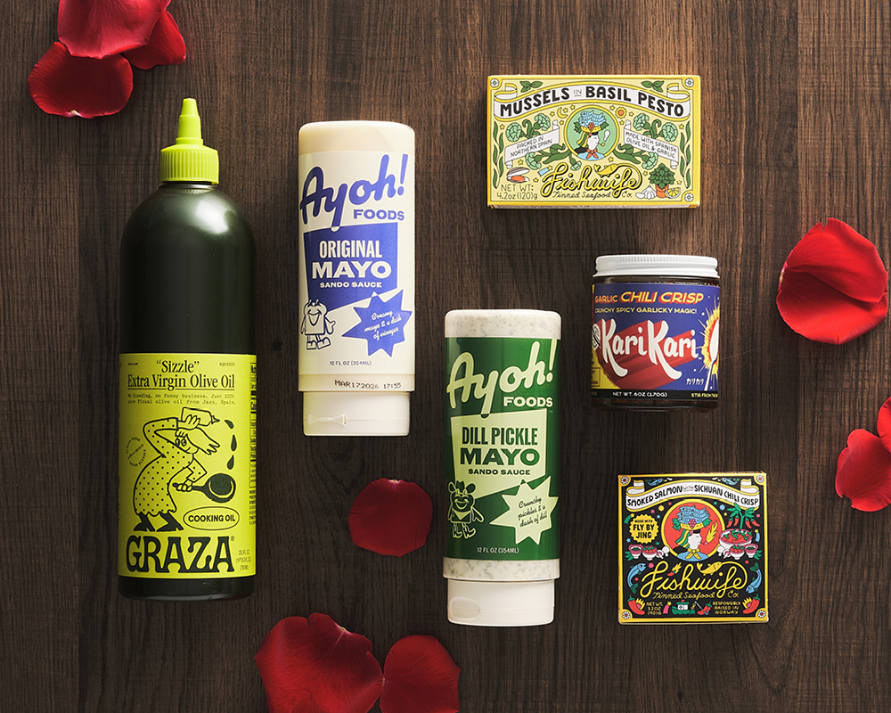 Grocery items with rose petals