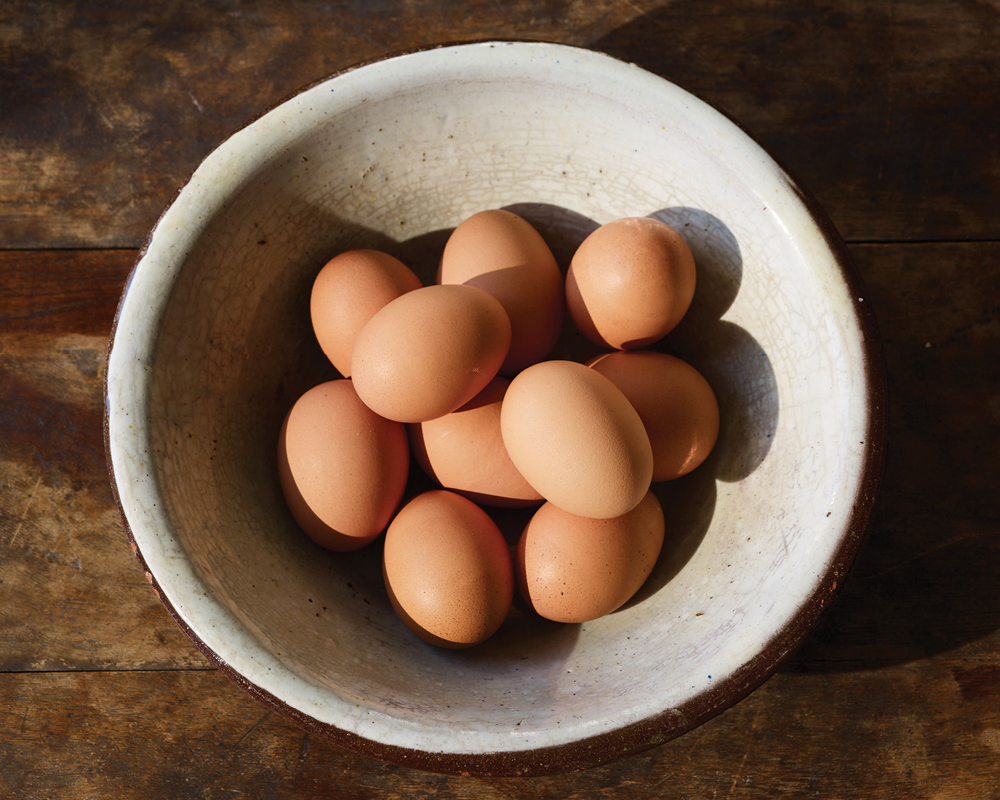 Brown eggs in a gray stone bowl on a wood table