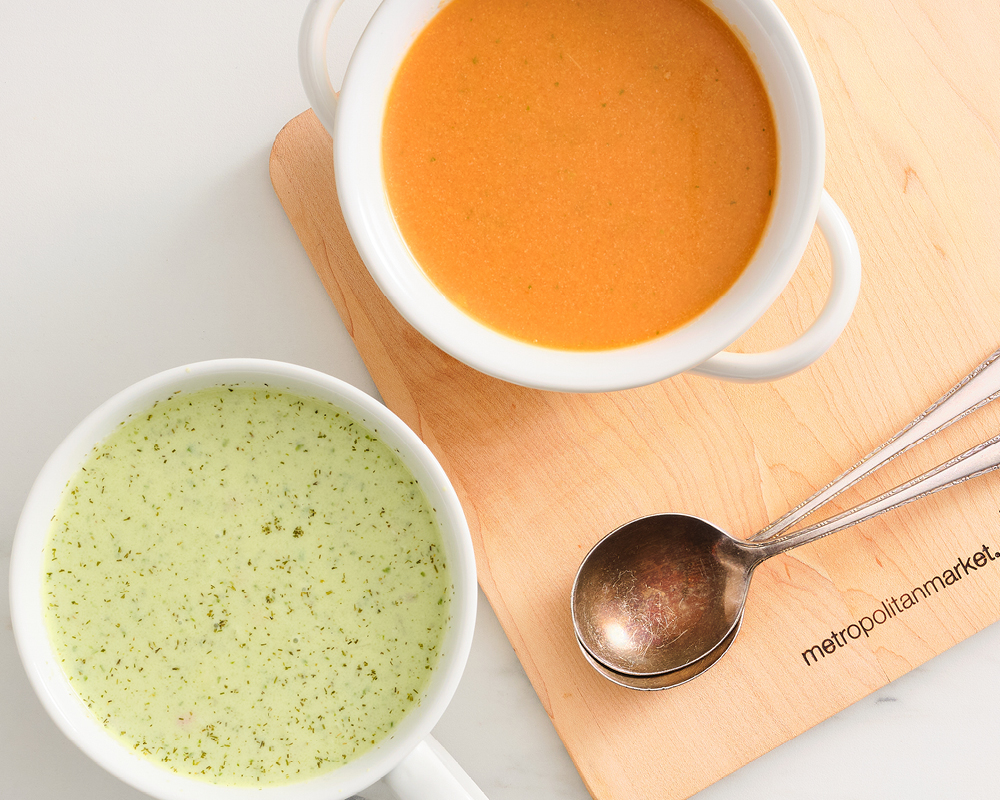 Gazpacho and chilled cucumber dill soup