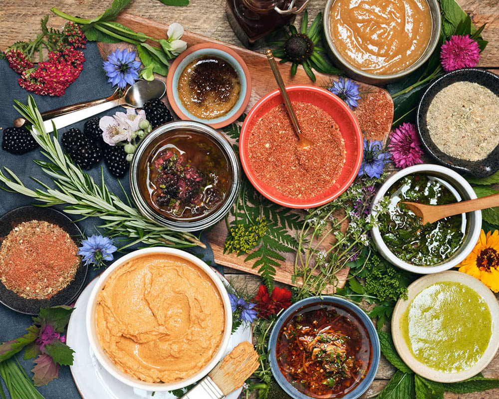 Assortment of Rubs and Dips on board with greenery summer themed