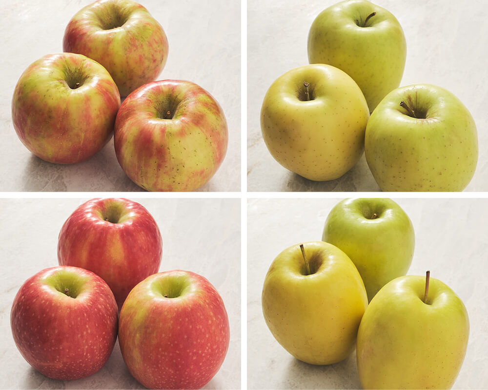Honeycrisp, Golden Delicious, Pink Lady, and Lemonade apples