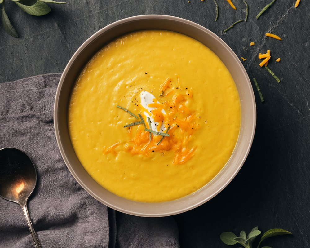Butternut apple cheddar soup
