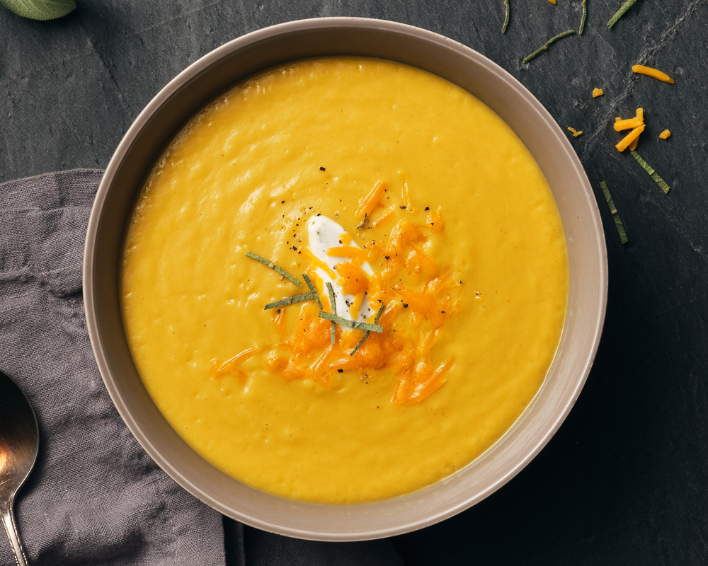 Butternut squash, apple, and cheddar soup