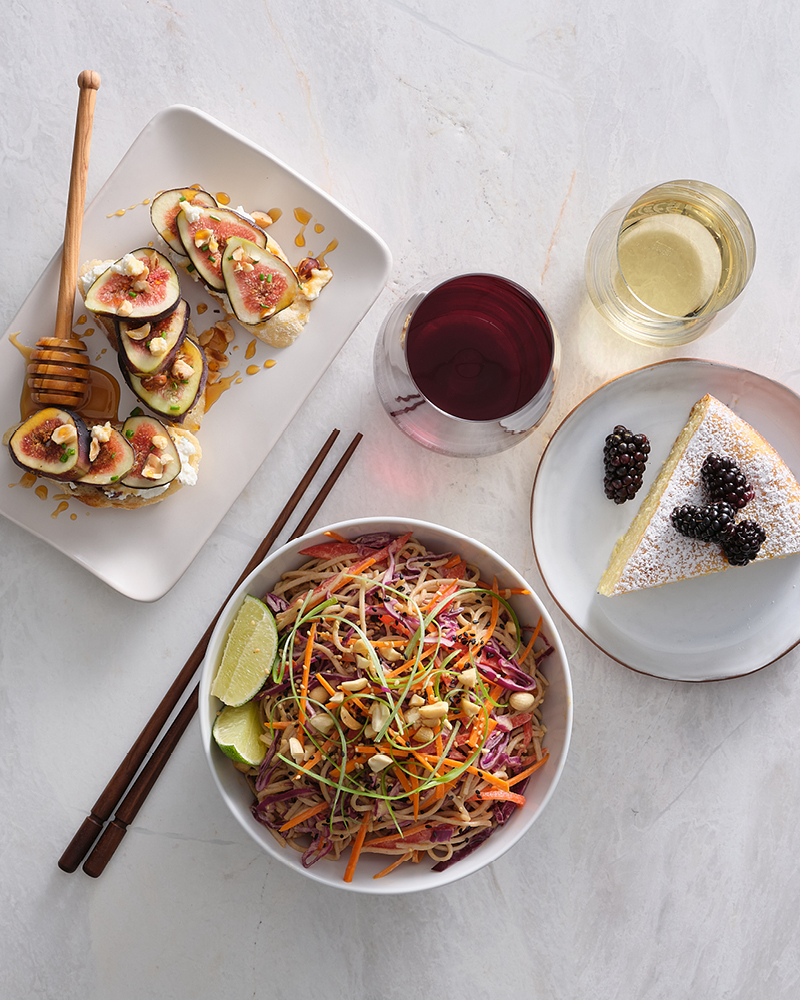 Soba Noodle Salad Fig Bruschetta Fresh Corn Cake and Glass of Red and White Wine