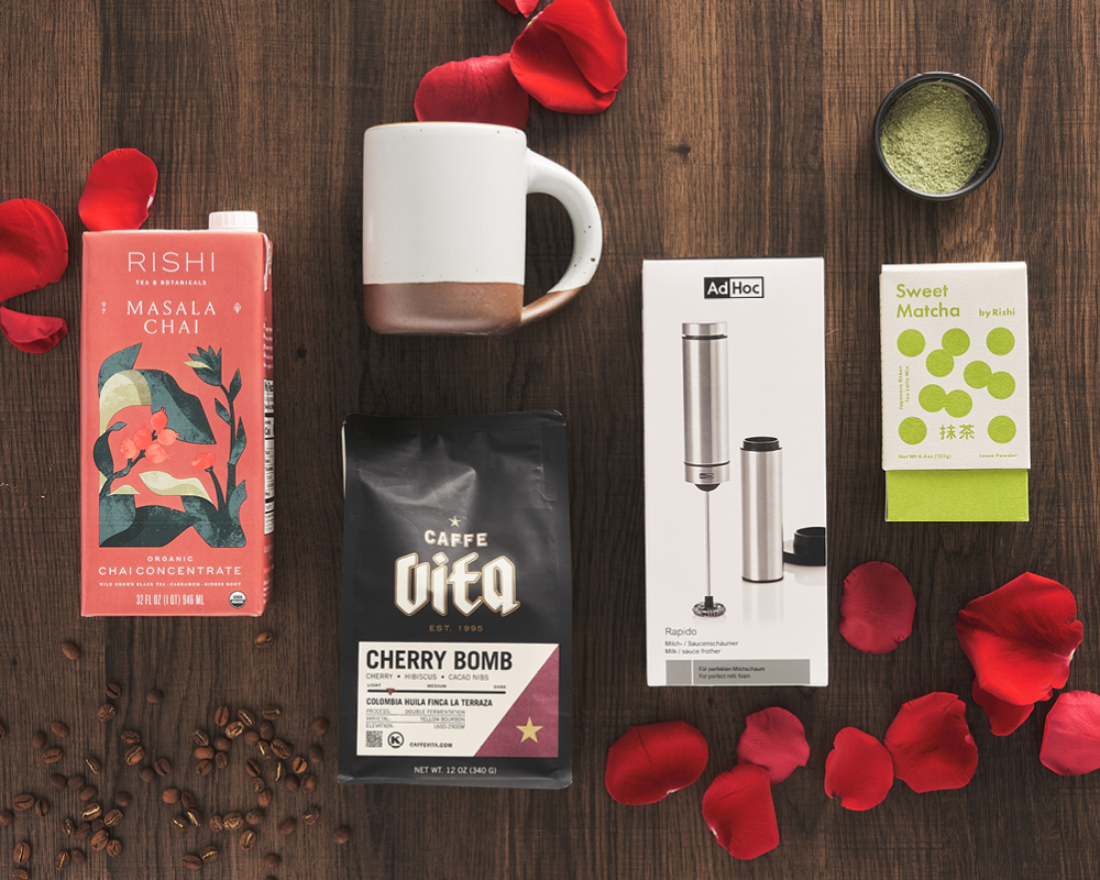 Coffee-related items with rose petals