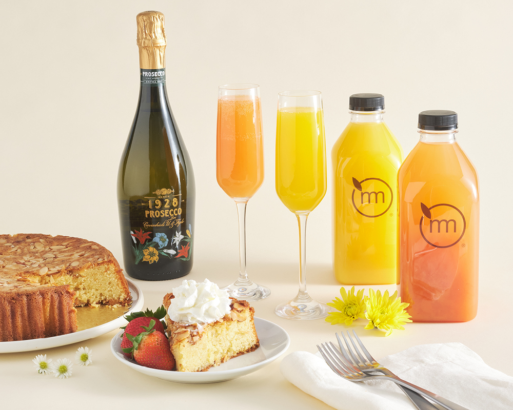 Almond cake, prosecco, and juice
